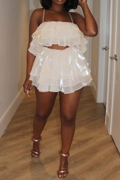 Solid Color Girly Tiered Ruffle Pant Suit