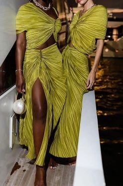 Solid Color Modern High Split Dress Suit -Clothing-PrettyTina CP2307053 GR 3