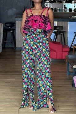 Geometric Print Retro Ruffle Pant Suit