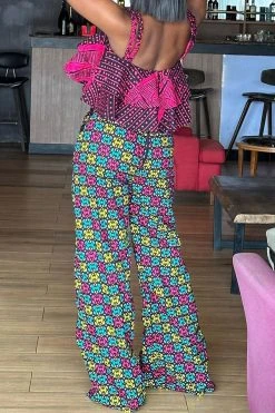Geometric Print Retro Ruffle Pant Suit -Clothing-PrettyTina CP2309025 RT 4