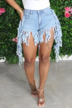 Denim Stylish Irregular Tassels Shorts