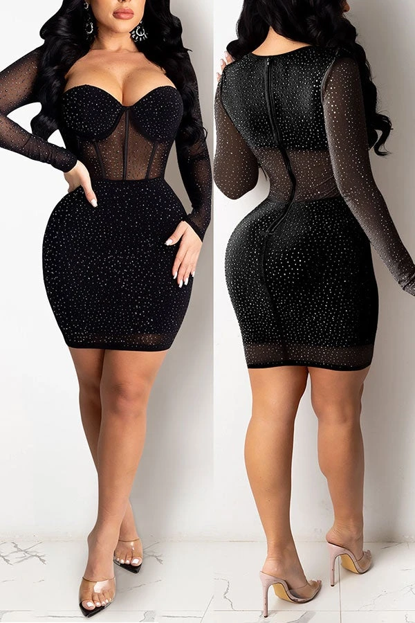 Rhinestone Glittery See-Through Mini Dress 2 Rhinestone Glittery See-Through Mini Dress - Image 2