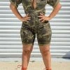 Camouflage Lapel Zipper Feminine Drawstring Romper