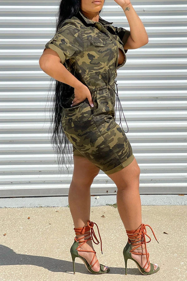 Camouflage Lapel Zipper Feminine Drawstring Romper 4 Camouflage Lapel Zipper Feminine Drawstring Romper - Image 4