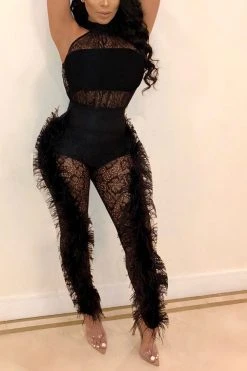 Floral Lace Romantic Feather See-Through Jumpsuit