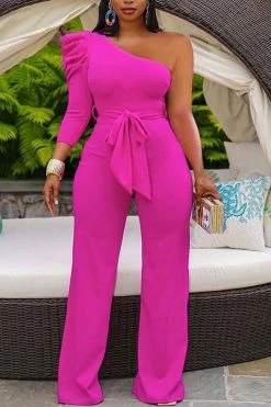 Solid Color One Shoulder Elegant Jumpsuit Wih Belt -Clothing-PrettyTina H21080522 RR 1