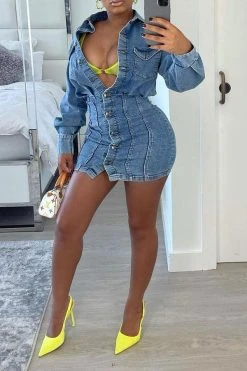 Blue Classic Button Down Denim Mini Dress -Clothing-PrettyTina H21090220 BL 3