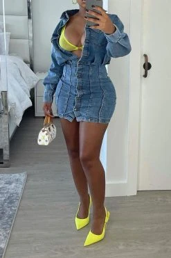 Blue Classic Button Down Denim Mini Dress -Clothing-PrettyTina H21090220 BL 4