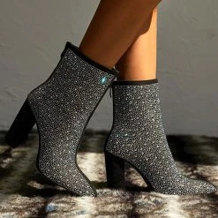 Rhinestone Glittery Pointed Toe Block Boots