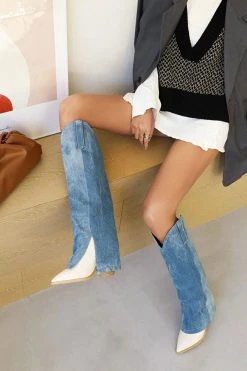 Denim Patchwork Unique Fold Over Block Boots -Clothing-PrettyTina H21102020 BL 1