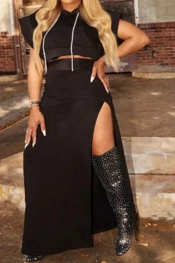 Solid Color Unusual High Split Hooded Dress Suit -Clothing-PrettyTina H21111831 BK 1