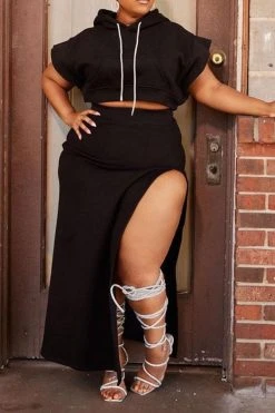 Solid Color Unusual High Split Hooded Dress Suit -Clothing-PrettyTina H21111831 BK 2