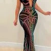 Sequined Deep V Neck Stunning See-Through Maxi Dress