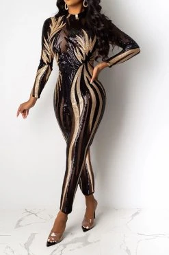 Sequined Round Neck Retro See-Through Jumpsuit