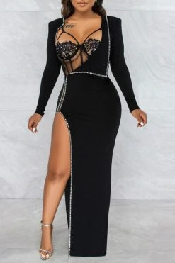Rhinestone Patchwork Unique Irregular Maxi Dress & Bodysuit -Clothing-PrettyTina H21121437 BK 7