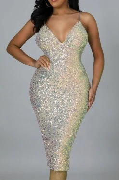 Sequined Deep V Neck Classic Midi Dress