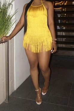 Solid Color Halter Collar Smart Tassels Romper