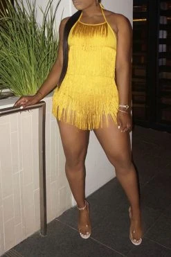 Solid Color Halter Collar Smart Tassels Romper -Clothing-PrettyTina H21122914 YE 4