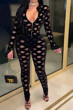 Geometric Print Zipper Flattering Bodycon Jumpsuit