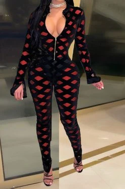 Geometric Print Zipper Flattering Bodycon Jumpsuit -Clothing-PrettyTina H22010632 RE 1