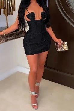 Sequined Spaghetti Strap Party Mini Dress -Clothing-PrettyTina H22030237 BK 1