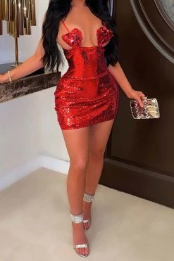 Sequined Spaghetti Strap Party Mini Dress