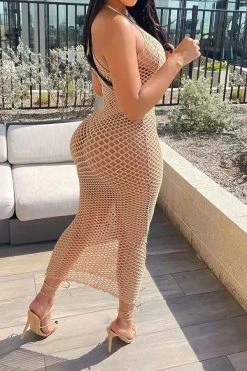Solid Color Casual Fishnet See-Through Maxi Dress Beachwear -Clothing-PrettyTina H22030834 AP 3