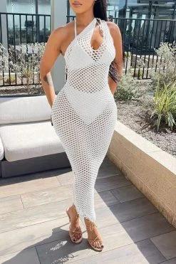 Solid Color Casual Fishnet See-Through Maxi Dress Beachwear -Clothing-PrettyTina H22030834 BK 5