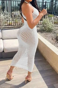 Solid Color Casual Fishnet See-Through Maxi Dress Beachwear -Clothing-PrettyTina H22030834 BK 6