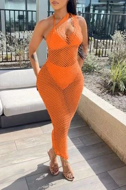 Solid Color Casual Fishnet See-Through Maxi Dress Beachwear -Clothing-PrettyTina H22030834 OR 2