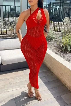 Solid Color Casual Fishnet See-Through Maxi Dress Beachwear -Clothing-PrettyTina H22030834 RE 2