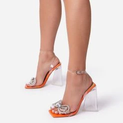 Transparent Strap Rhinestone Bowknot Decor Chic Block Pyramid Heel Sandals -Clothing-PrettyTina H22031650 OR 1