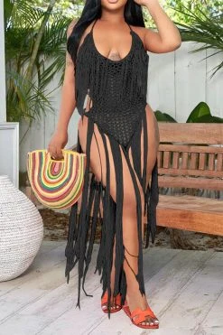 Solid Color Backless Romantic Crochet Cutout Tassel Beachwear -Clothing-PrettyTina H22050361 BK 1