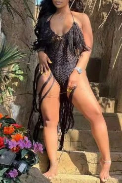 Solid Color Backless Romantic Crochet Cutout Tassel Beachwear -Clothing-PrettyTina H22050361 BK 2