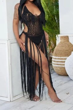 Solid Color Backless Romantic Crochet Cutout Tassel Beachwear -Clothing-PrettyTina H22050361 BK 4