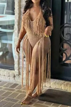 Solid Color Backless Romantic Crochet Cutout Tassel Beachwear -Clothing-PrettyTina H22050361 KH 1