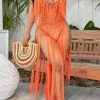 Solid Color Backless Romantic Crochet Cutout Tassel Beachwear