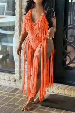 Solid Color Backless Romantic Crochet Cutout Tassel Beachwear -Clothing-PrettyTina H22050361 OR 3