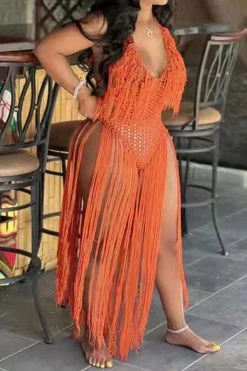 Solid Color Backless Romantic Crochet Cutout Tassel Beachwear -Clothing-PrettyTina H22050361 OR 4