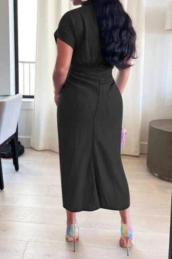 Solid Color Single Breasted On-trend Tie Front Ruched Denim Midi Dress -Clothing-PrettyTina H22051176 BK 2