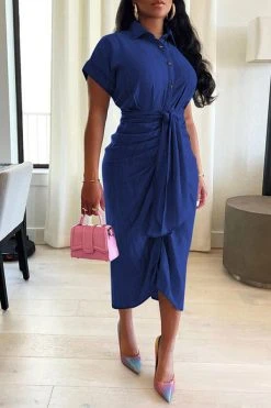 Solid Color Single Breasted On-trend Tie Front Ruched Denim Midi Dress -Clothing-PrettyTina H22051176 NB 1