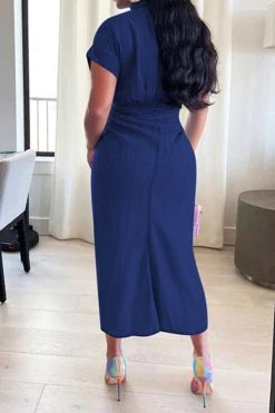 Solid Color Single Breasted On-trend Tie Front Ruched Denim Midi Dress -Clothing-PrettyTina H22051176 NB 2