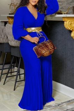 Solid Color On-trend Pleated Wide Leg Jumpsuit With Belt -Clothing-PrettyTina H22061453 BL 1