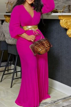 Solid Color On-trend Pleated Wide Leg Jumpsuit With Belt -Clothing-PrettyTina H22061453 RR 1