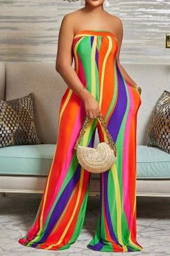 Colorful Striped Tie Back Wide Leg Jumpsuit -Clothing-PrettyTina H22062257 RT 2