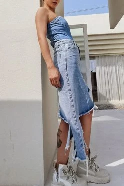 Unusual Asymmetric High Split Denim Skirt -Clothing-PrettyTina H22081538 BL 3