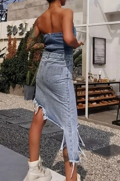 Unusual Asymmetric High Split Denim Skirt -Clothing-PrettyTina H22081538 BL 4