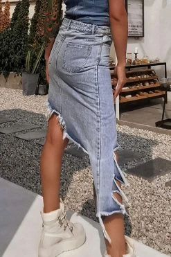 Unusual Asymmetric High Split Denim Skirt -Clothing-PrettyTina H22081538 BL 5