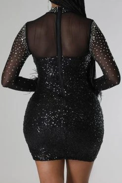 Sequined & Rhinestone Festive Feather Trim Mini Dress -Clothing-PrettyTina H22082586 BK 5