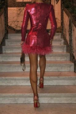 Sequined Glamorous Ruched Detail Feather Hem Mini Dress -Clothing-PrettyTina H22082590 RR 2 e1a682fc 124e 4110 a49e e66f68f687e6